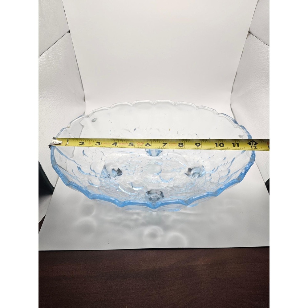 Indiana Glass Light Blue Frosted Fruit Bowl Grapes Harvest Footed Scalloped Rim